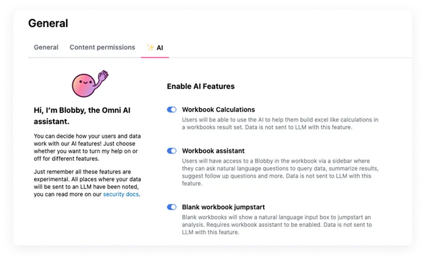 A set of toggles that users can use to control AI settings in the Omni App.