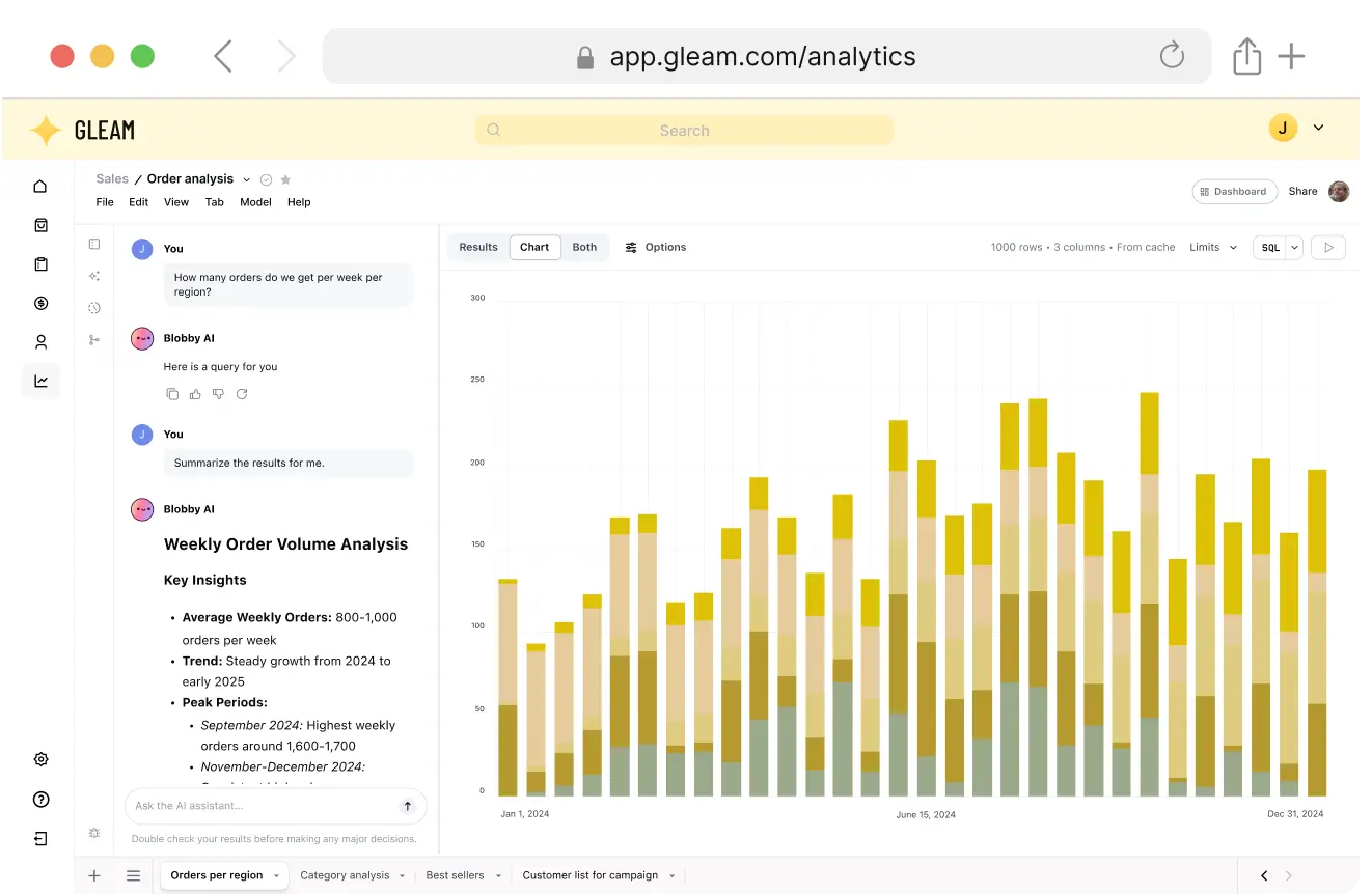 An Omni workbook embedded in another application with the AI chat functionality enabled
