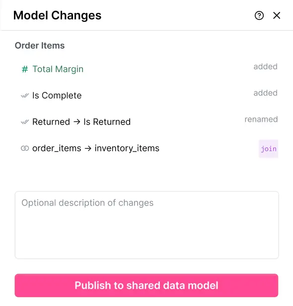 Dialog showing 4 changes to the workbook model.